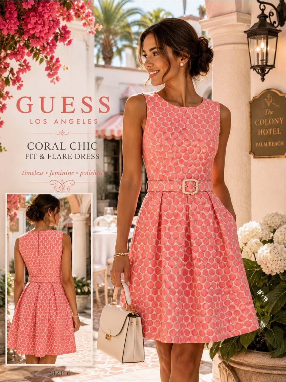 GUESS Coral Chic Fit & Flare Belted Dress Retro Glam Feminine Preppy Chic Size 6